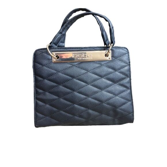 Bebe Purse Quilted Handbag Black Gold Satchel Accents Cocktail Mini Bag - Picture 1 of 15